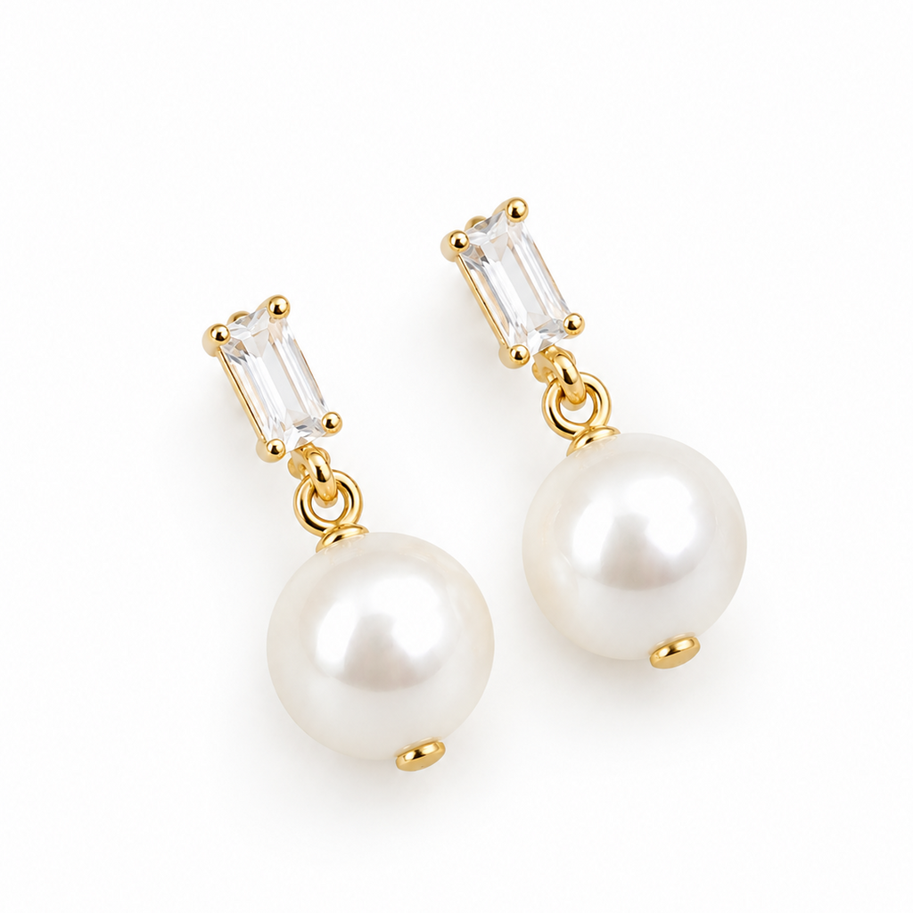 Ariadna | Pendientes perla circonita baguette dorado