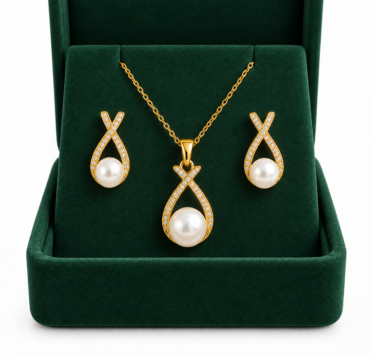 Estela | Conjunto collar pendientes perla circonita oro
